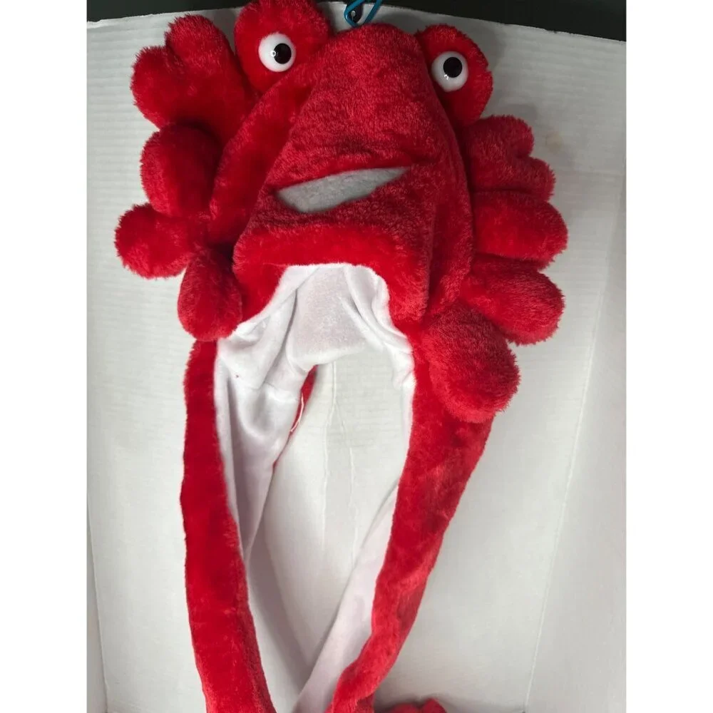 Red Crab Plush Hat Ear Flaps with Arm-Length Attached Mitten Winter fall costume